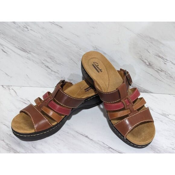Clarks Women's Brown Soft Step Strappy Wedge Leather Comfort Sandals Size 7 - Picture 1 of 5